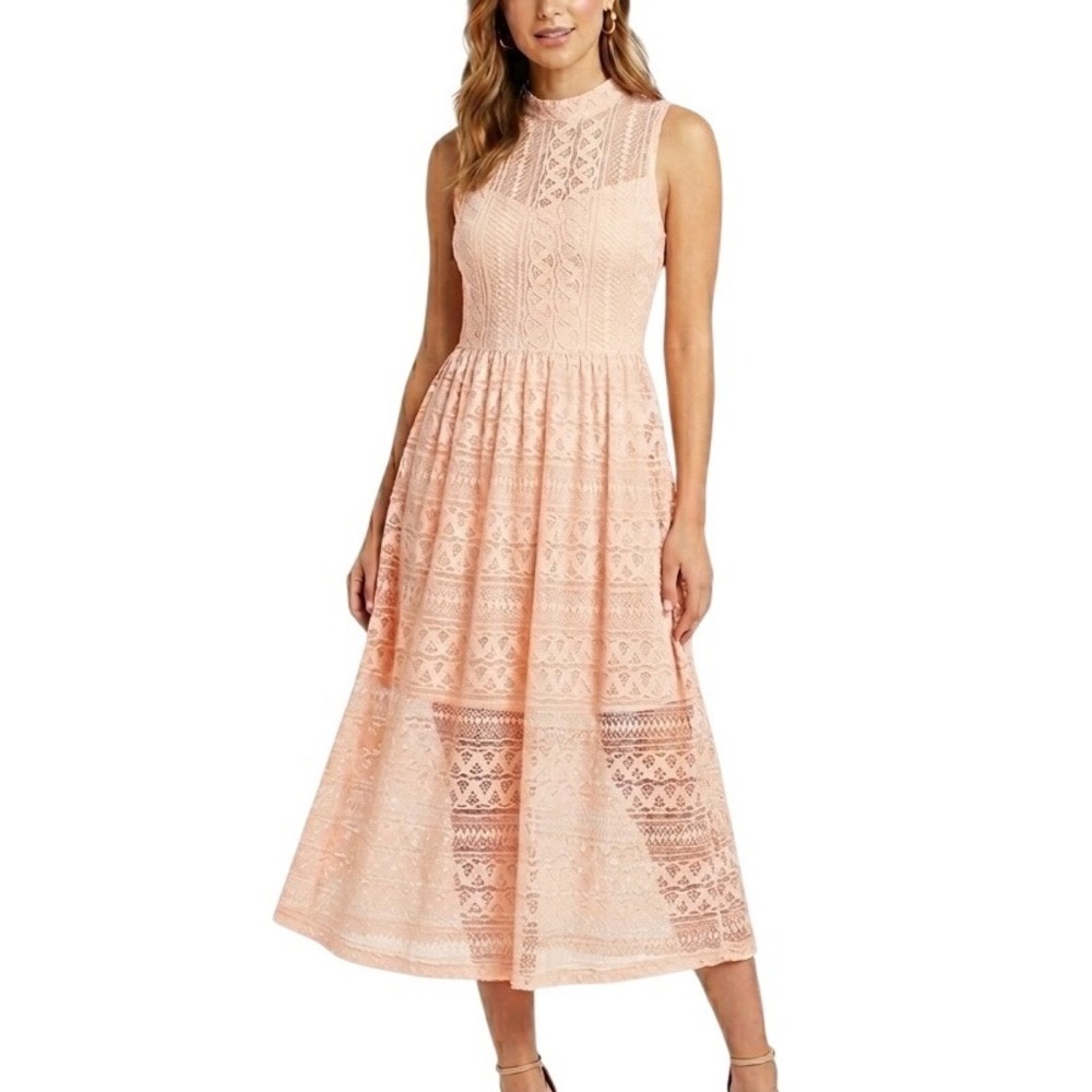 Just Me Lace Midi Dress SZ S Light Peach Pink High Neck Sleeveless Romantic Boho